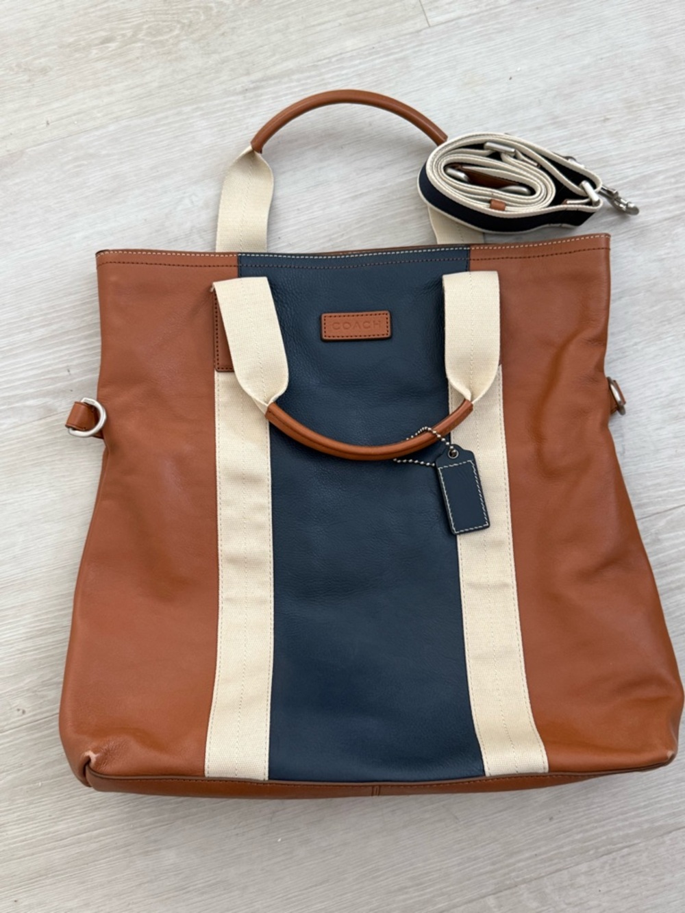 Coach Brown, Navy & Cream Leather Canvas Messenger Tote